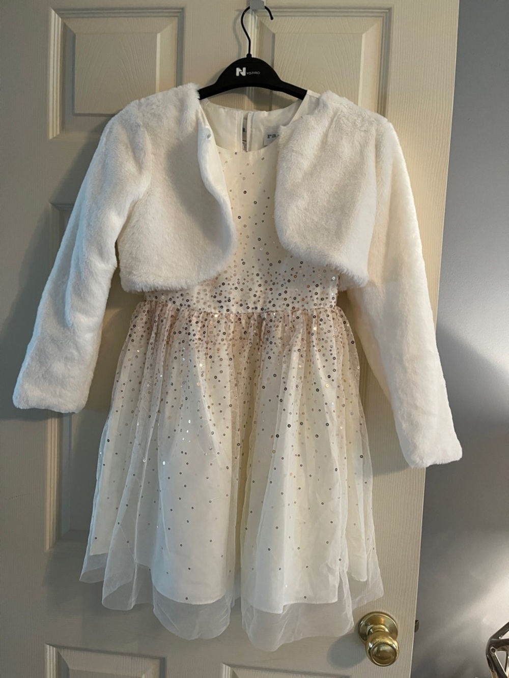 Rare Editions White & Gold Sparkle Tulle Party Dress with Faux Fur Bolero